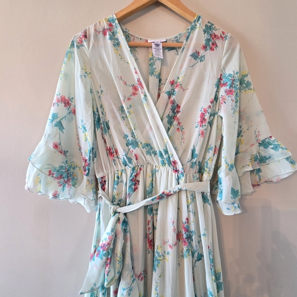 Kate & Lily Floral Print Garden Boho  Feminine Maxi Belted Light Green Dress 6 - Picture 5 of 16